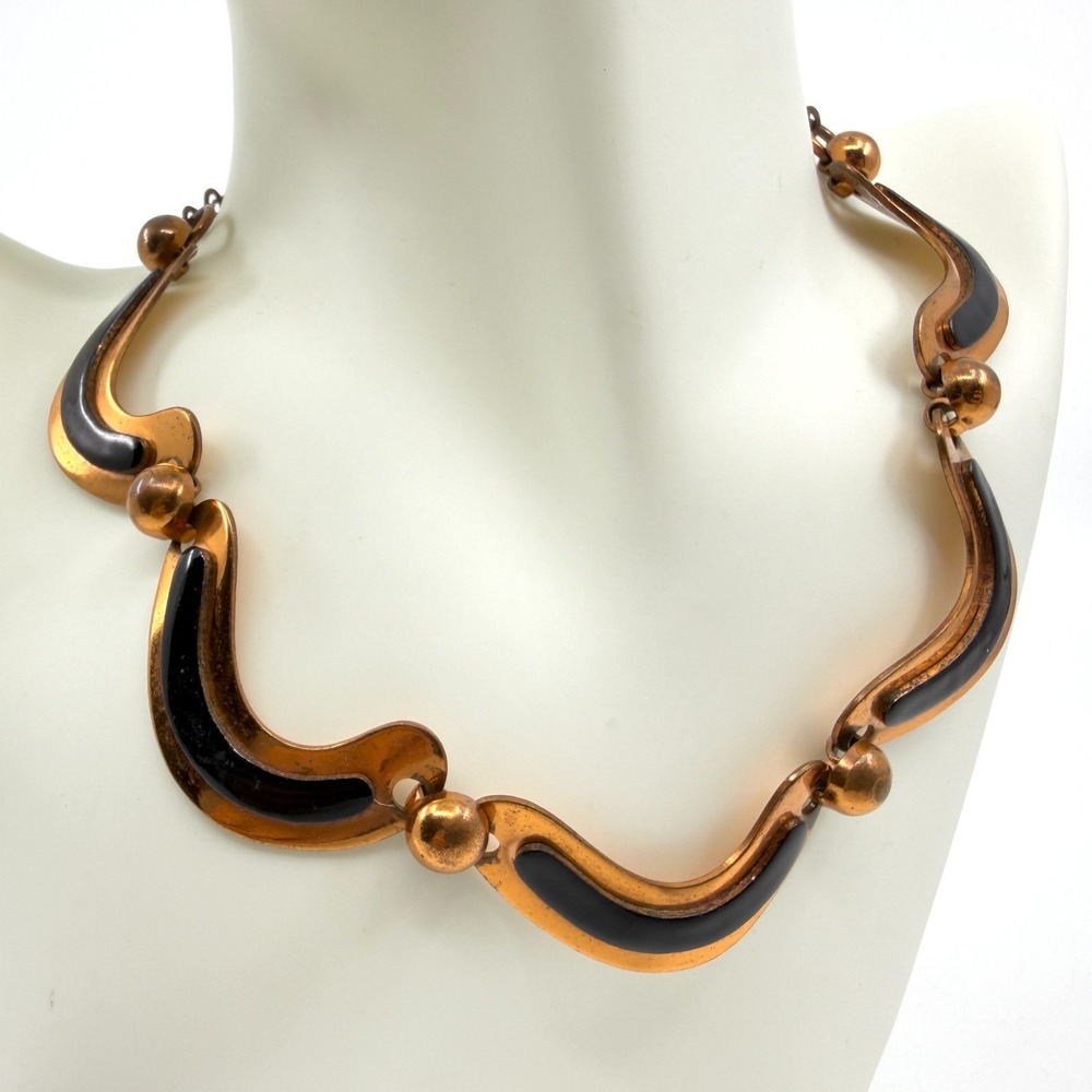 Vintage Mid-Century Copper Tone Black Enamel Statement Collar Necklace Bold